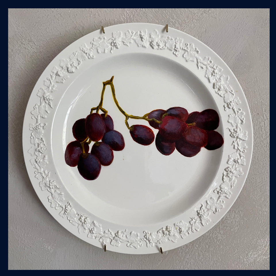 Plated: original fine art oil painting on a vintage  plate - red grapes