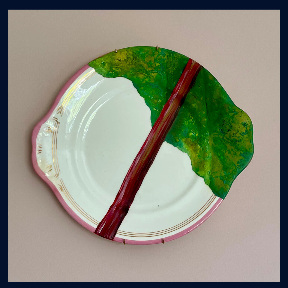 Plated: original fine art oil painting on an antique cake plate - rhubarb