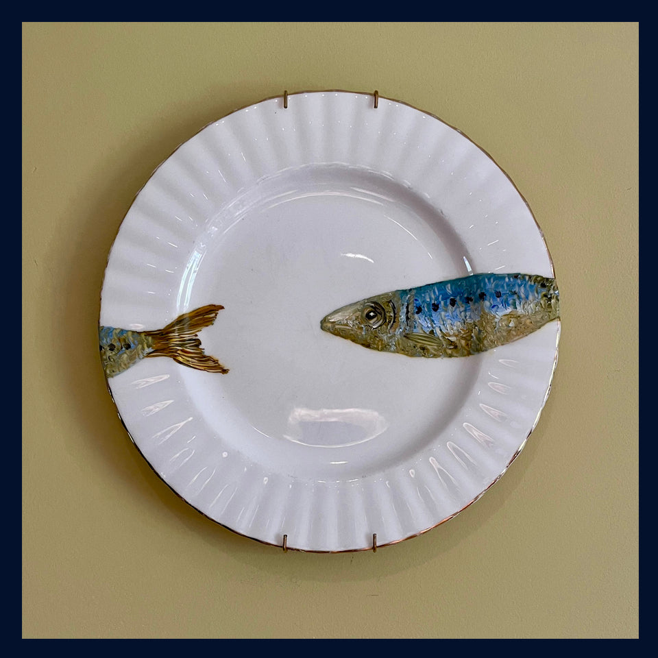 Plated: original fine art oil painting on a vintage tea plate - 2 sardines fish