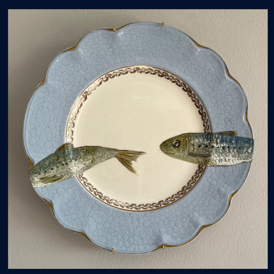 Plated: original fine art oil painting on a vintage plate - 2 sardines