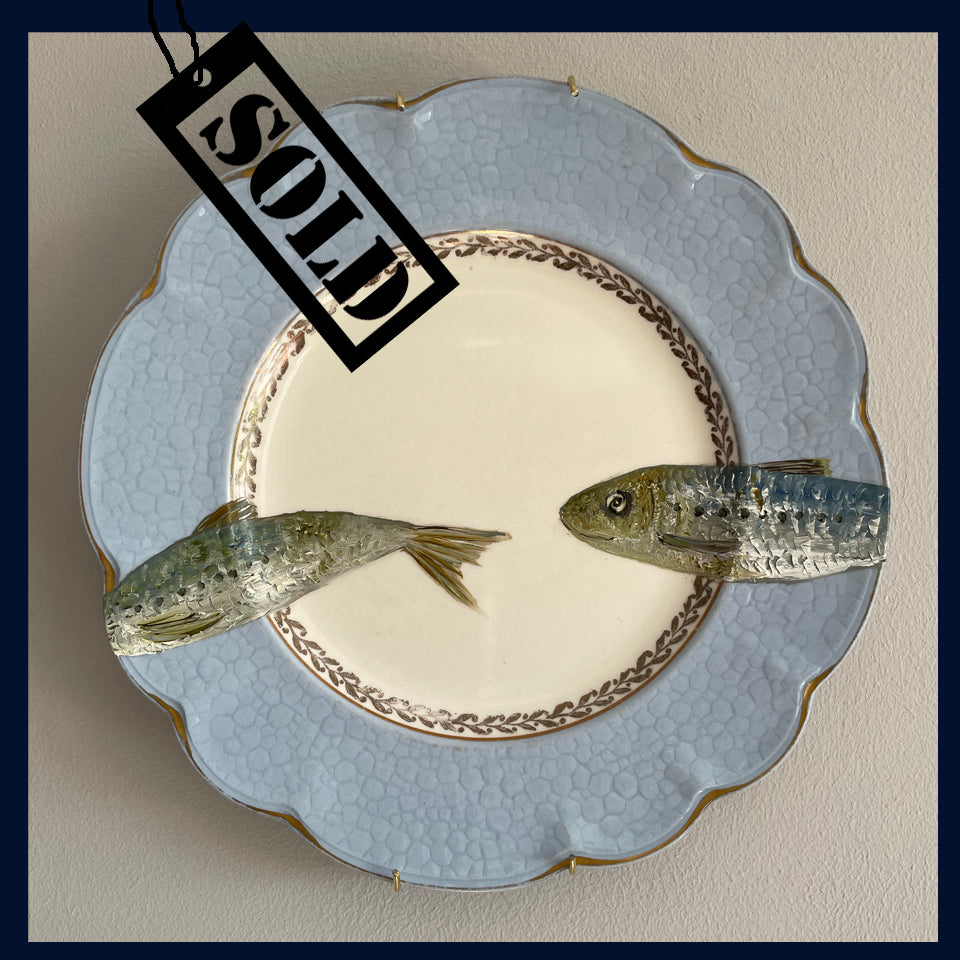 SOLD Plated: original fine art oil painting on a vintage plate - 2 sardines
