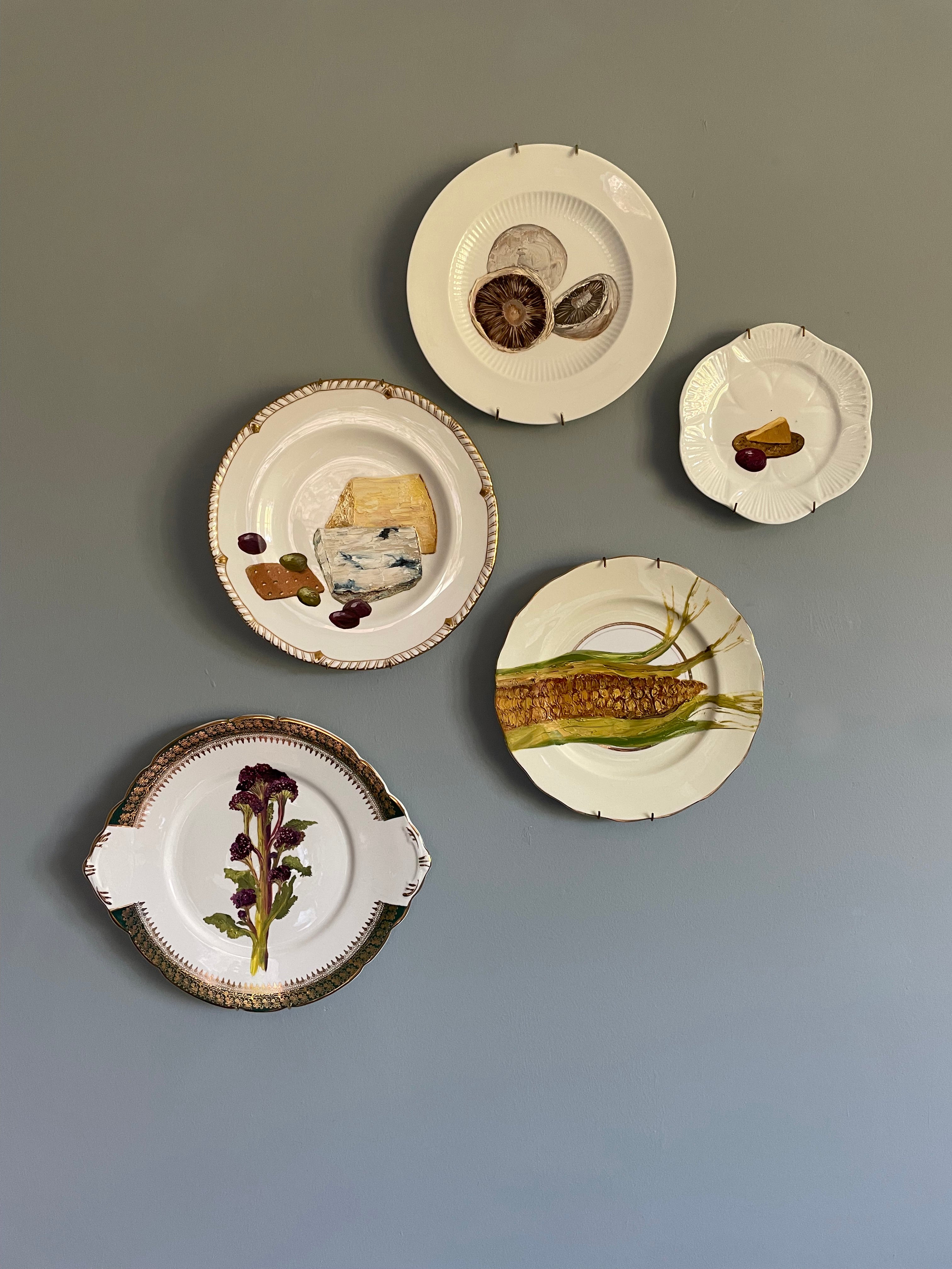 Cheddar Cheese, Cracker & Olive Original Oil Painting On 1920s Shelley China Tea Plate