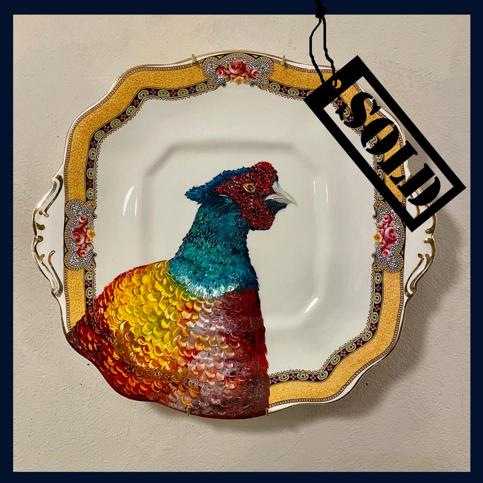 SOLD Plated: original fine art oil painting on a vintage Taylor & Kent cake plate - pheasant 5