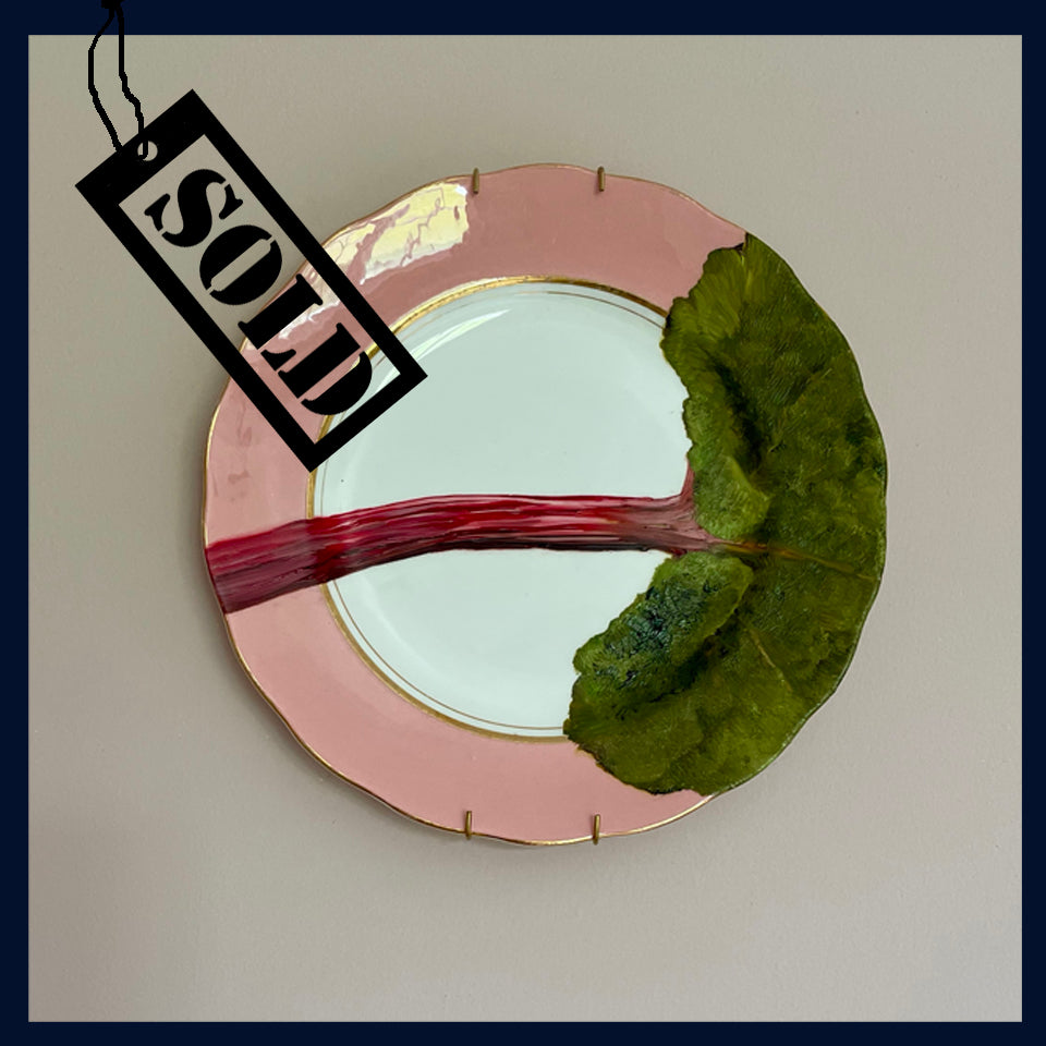 SOLD Plated: original fine art oil painting on a vintage Colclough salad plate - rhubarb
