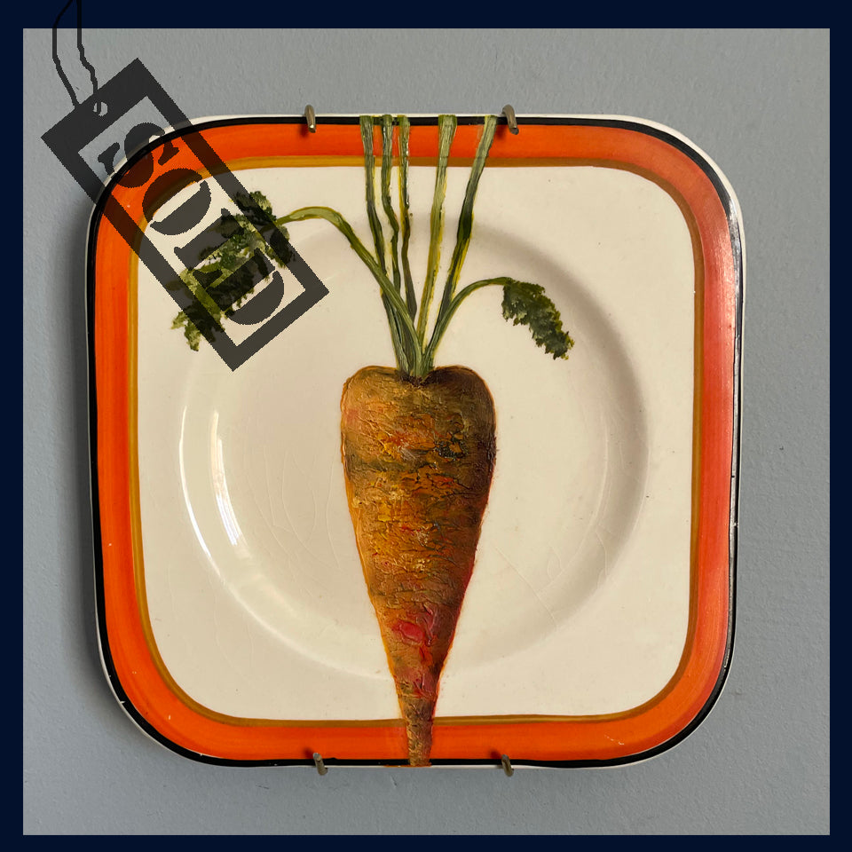 SOLD Carrot - original oil painting on 1930s tea plate