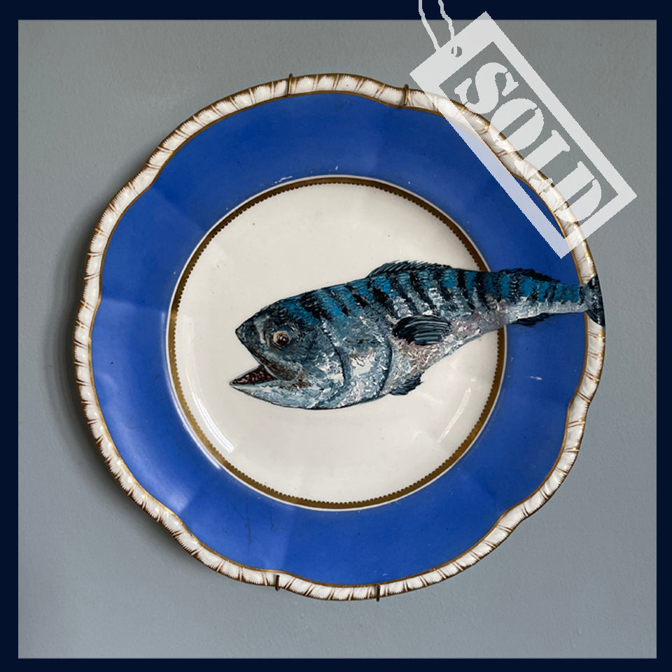 SOLD Original oil painting on 1850s dessert plate - mackerel fish