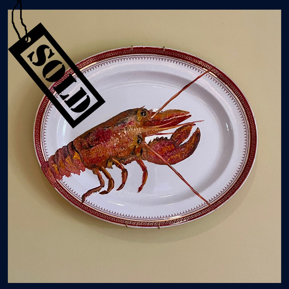 SOLD Plated: original fine art oil painting on a large vintage platter - lobster