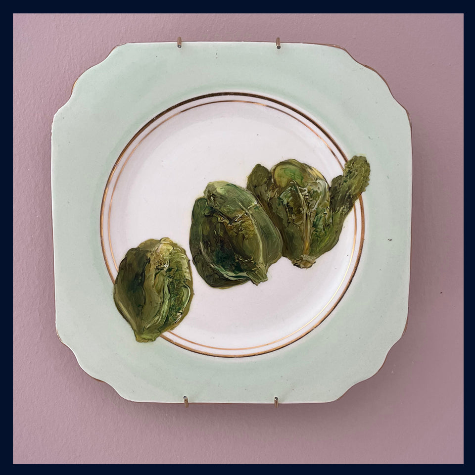 Plated: original fine art oil painting on a 1920s tea plate - 3 brussel sprouts