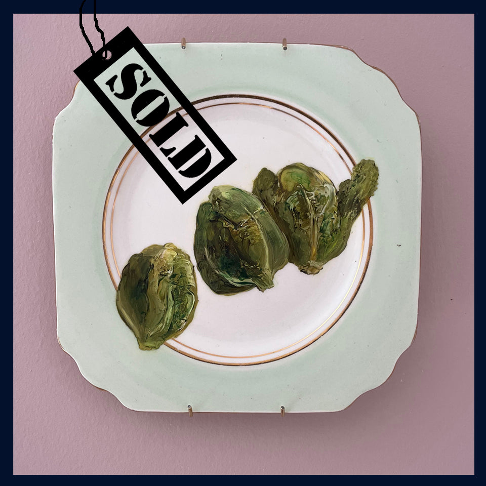 SOLD Plated: original fine art oil painting on a 1920s tea plate - 3 brussel sprouts