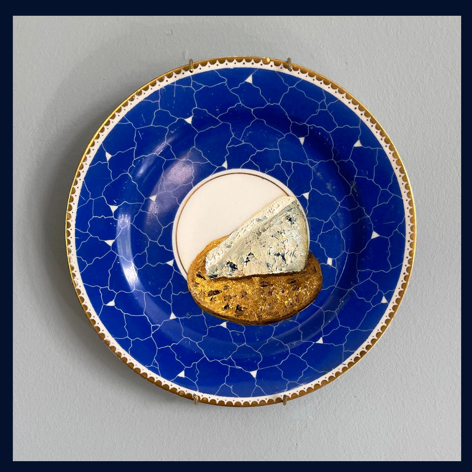 Stilton Cheese On Cracker Original Oil Painting On A.E. Gray Co. China Tea Plate