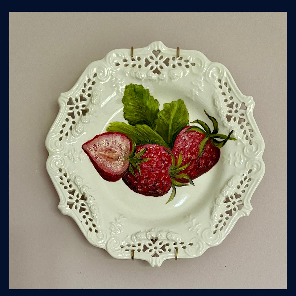 Plated: original fine art oil painting on an old reticulated tea plate - strawberries