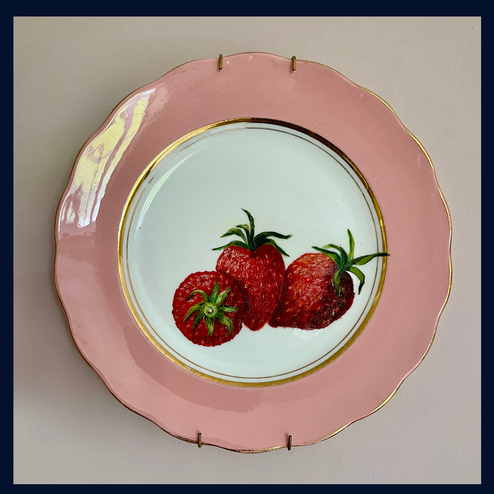 Plated: original fine art oil painting on a pink vintage Colclough salad plate - 3 strawberries
