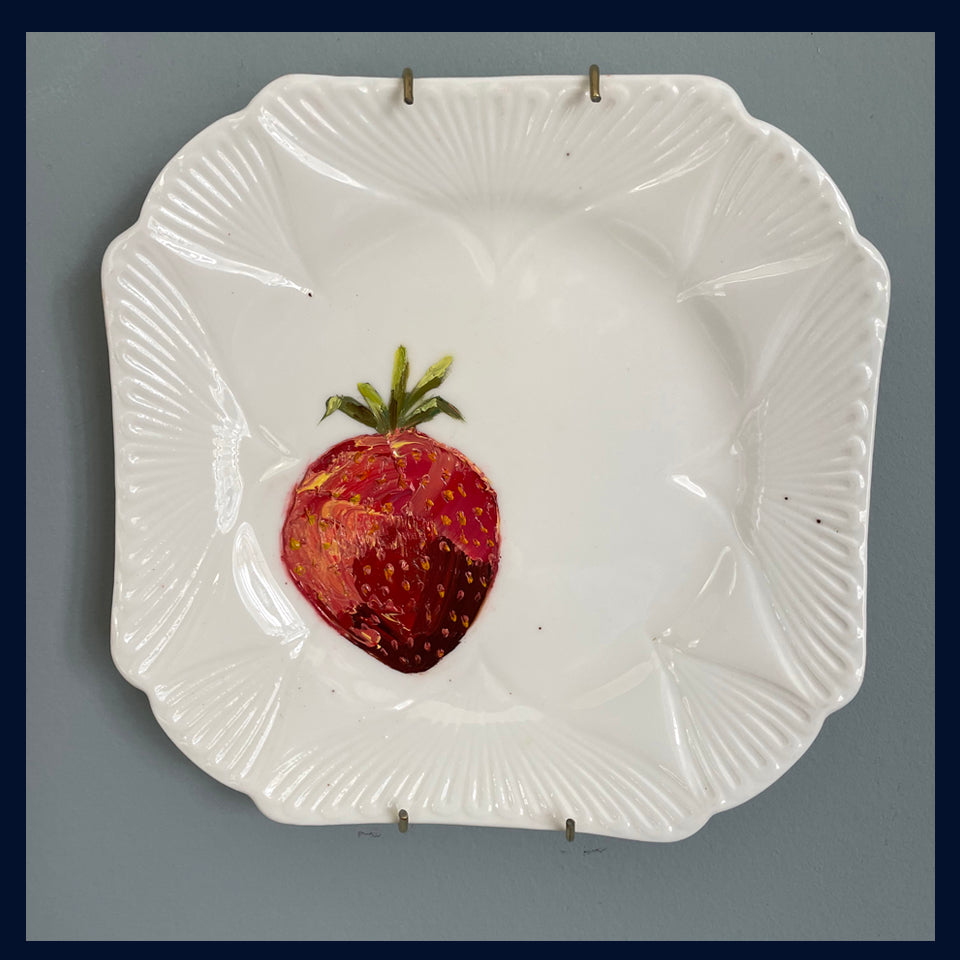 Plated: original fine art oil painting on an antique tea plate - strawberry