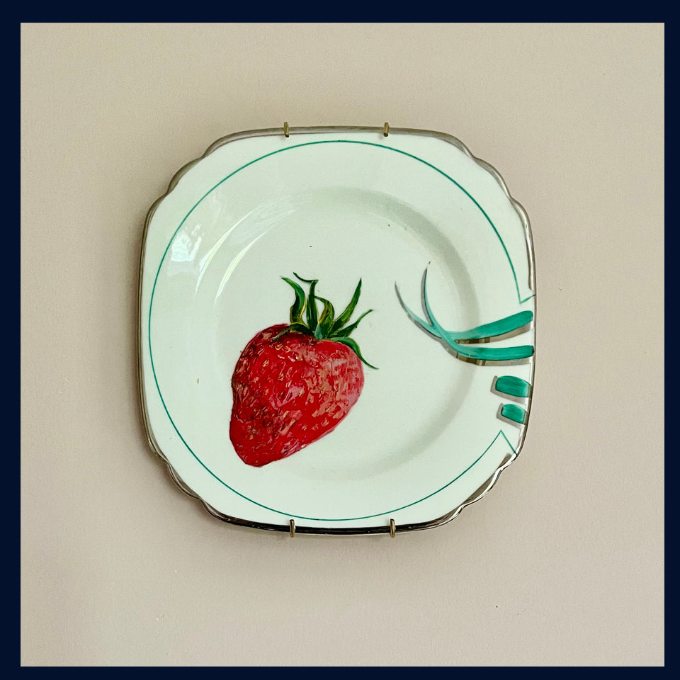 Plated: original fine art oil painting on an Art Deco tea plate - strawberry