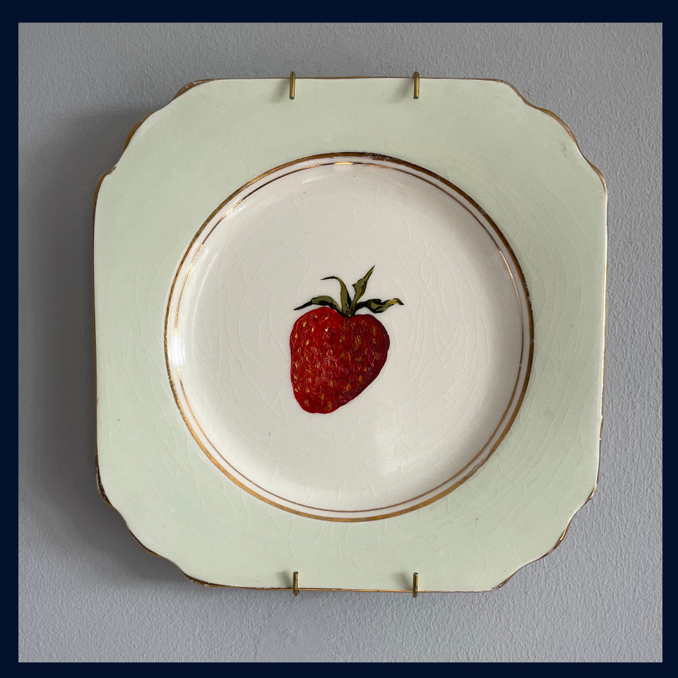 Plated: original fine art oil painting on a 1920s tea plate - strawberry