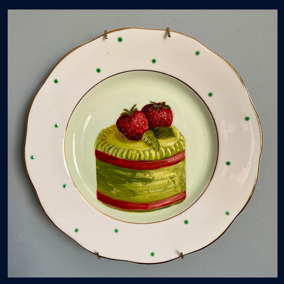 Lime & Strawberry Fondant Cake Original Oil Painting On Vintage Dotty Tea Plate
