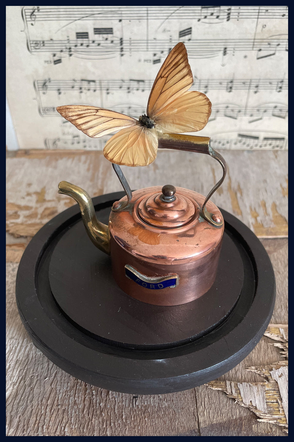 SOLD Enigma Variations Collection: Miniature Antique Copper& Brass Kettle with a Vintage Butterfly under a Glass Display Dome