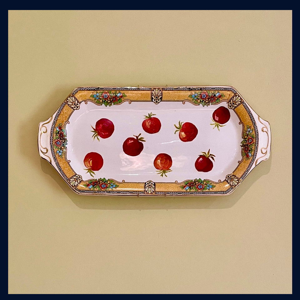 Plated: original fine art oil painting on a vintage sandwich plate - 8 vine tomatoes