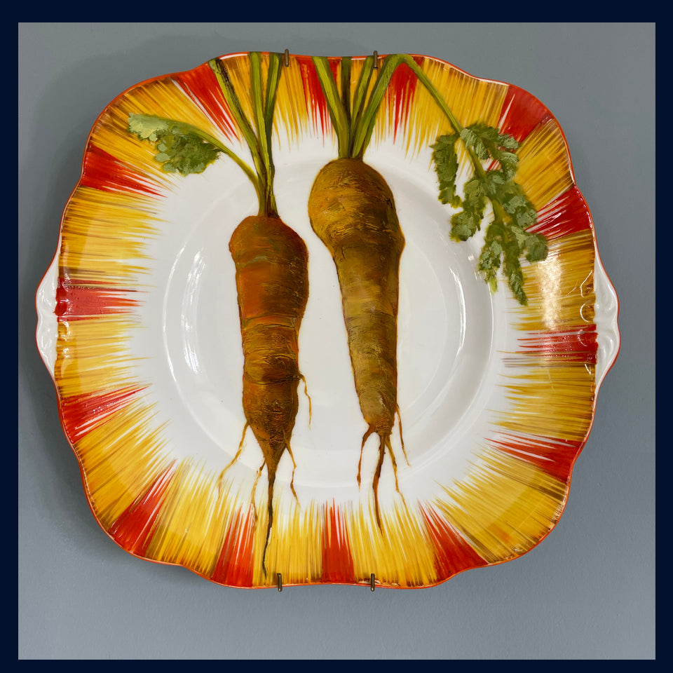 Plated: original fine art oil painting on a 1930s A. B. Jones Ltd (Grafton China) cake plate - 2 carrots