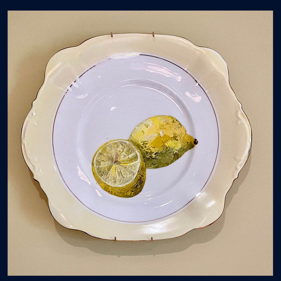 Plated: original fine art oil painting on a vintage cake plate - lemons
