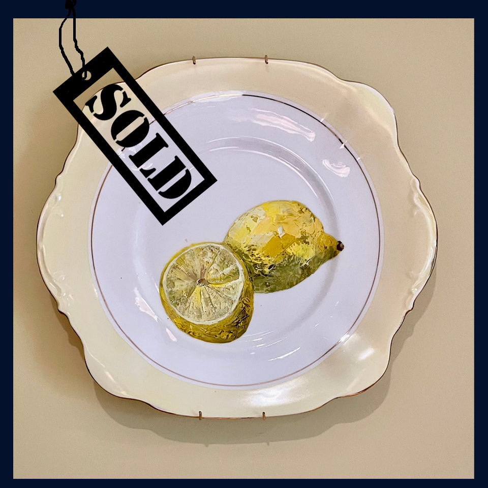 SOLD oil painting on a vintage cake plate - lemons