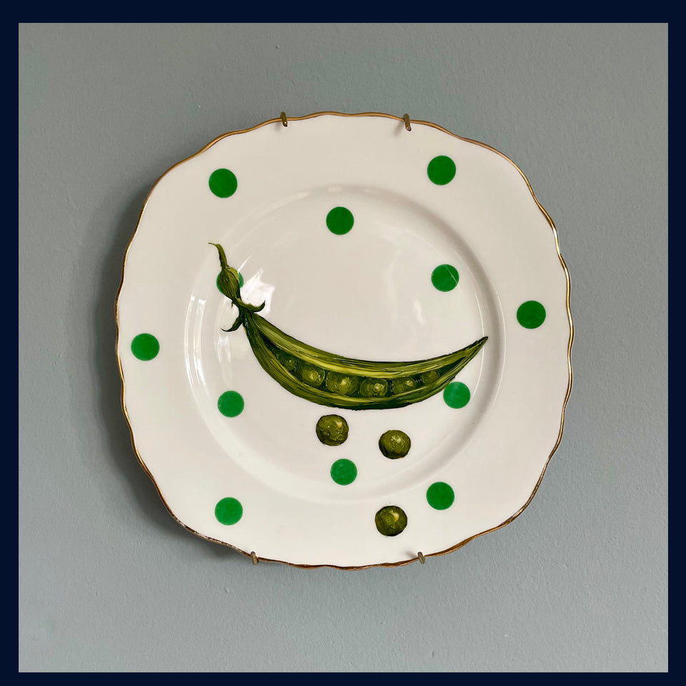 Pea pod - original oil painting on a vintage dotty tea plate