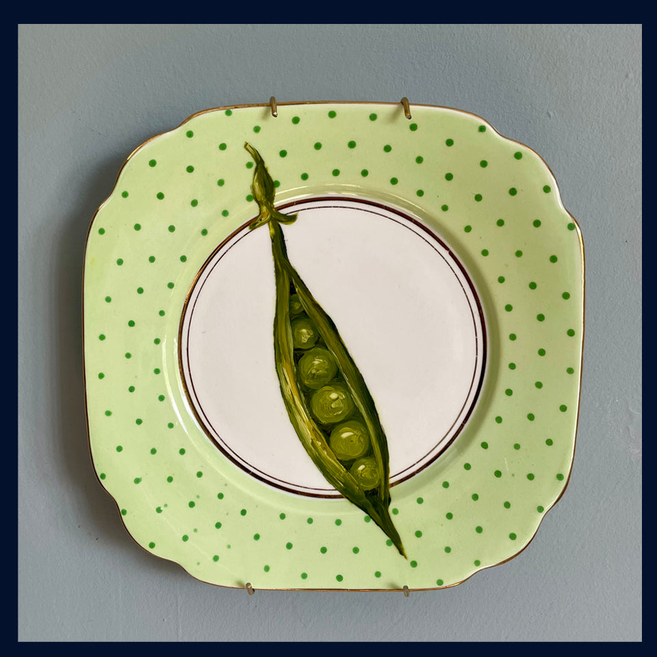 Pea pod - original oil painting on a vintage tea plate