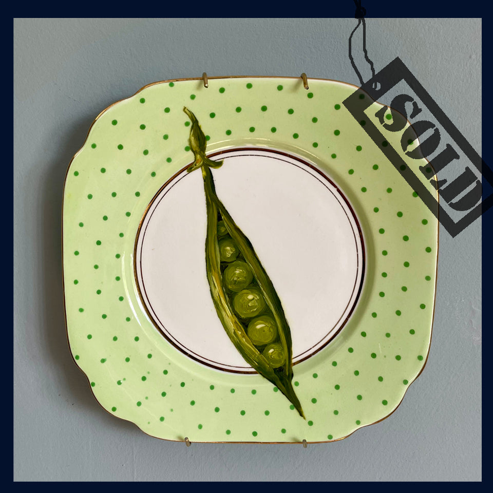 SOLD Pea pod - original oil painting on a vintage tea plate