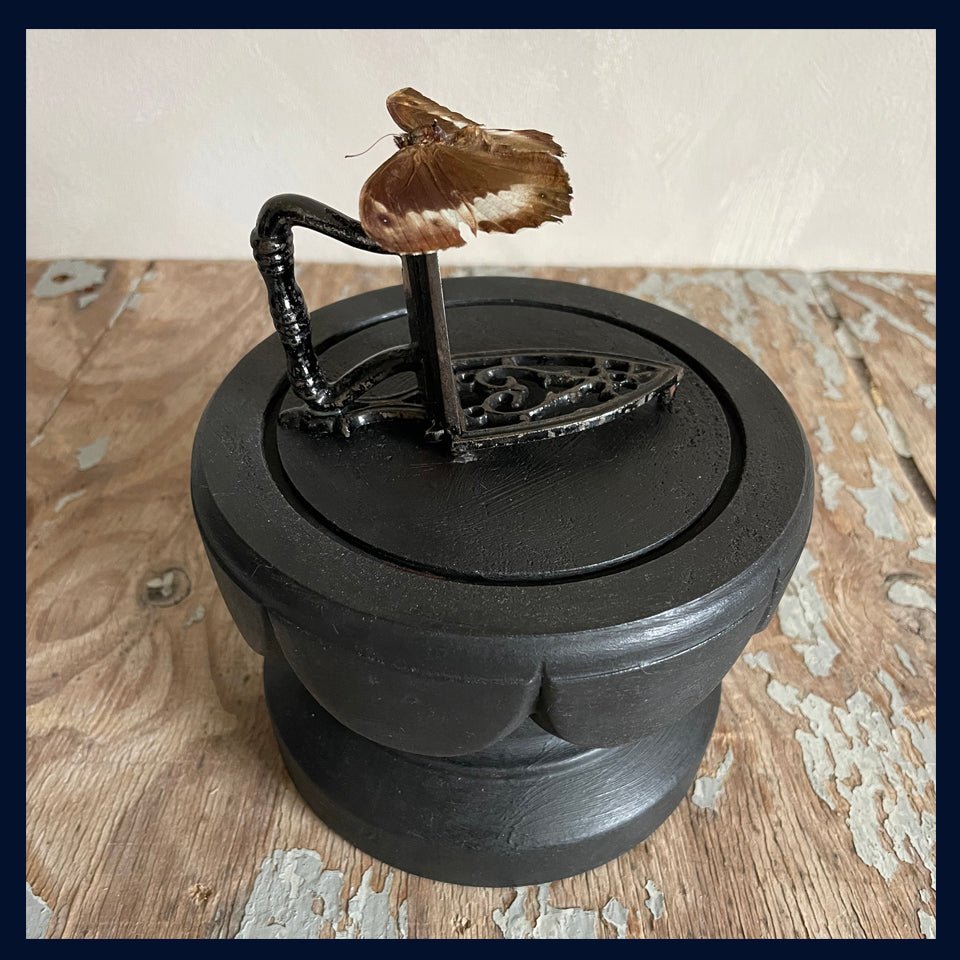 Enigma Variations Collection: An Antique, Tiny Flat Iron & Trivet with a Vintage Butterfly in a Display Dome