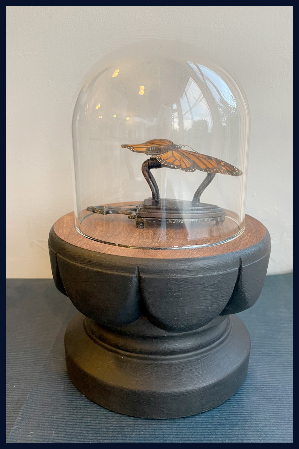 Enigma Variations Collection: An Antique, Tiny Flat Iron & Trivet with a Vintage Butterfly in a Display Dome