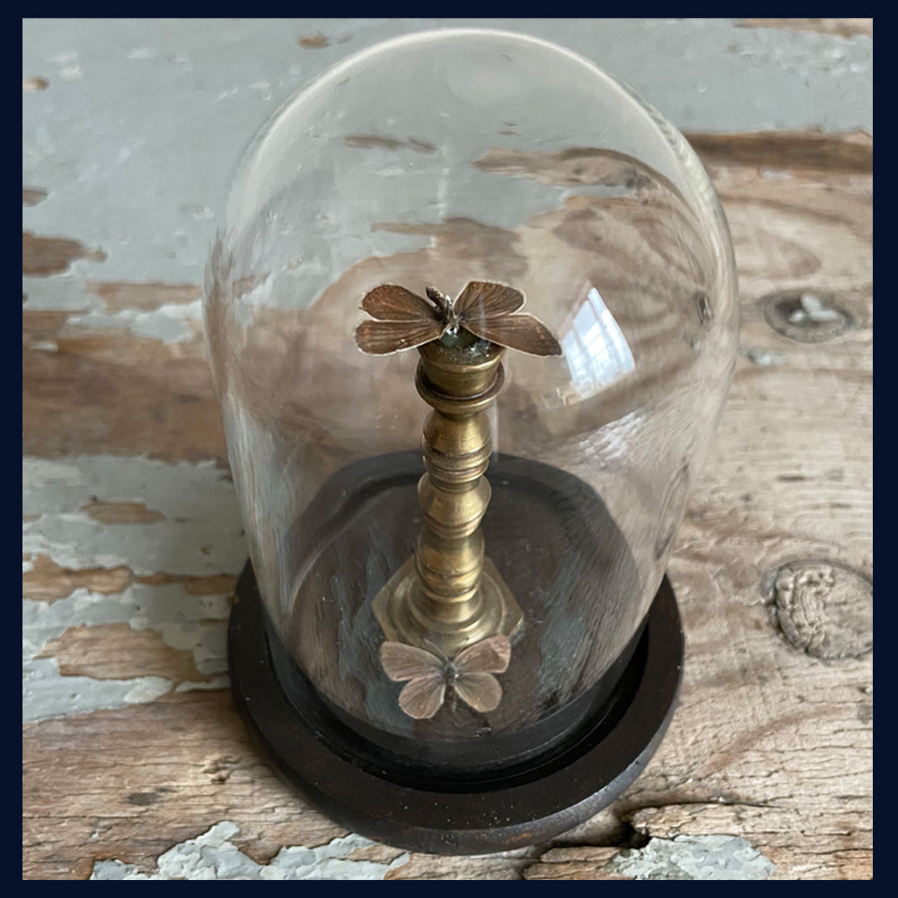 Enigma Variations Collection: Miniature Vintage Brass Candlestick with 2 Butterflies in a Display Dome
