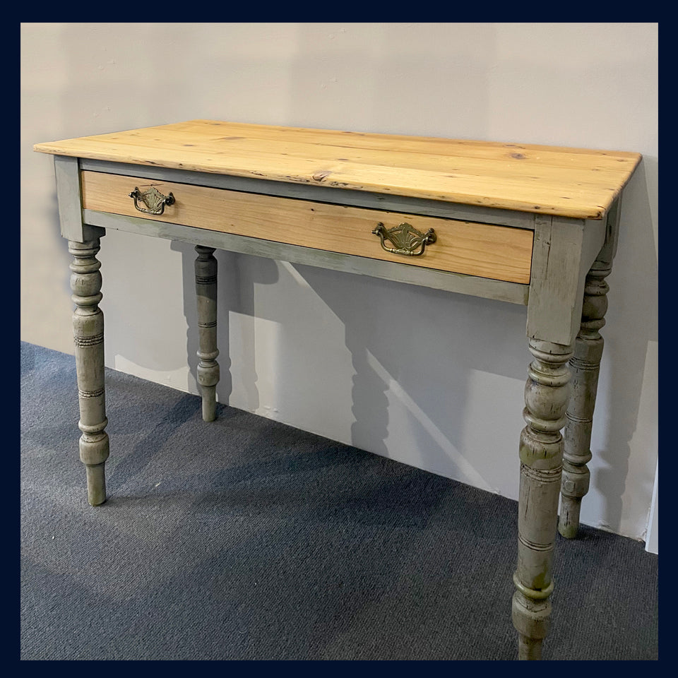 Vintage Painted & Varnished Pine Side Table/Small Desk with Drawer