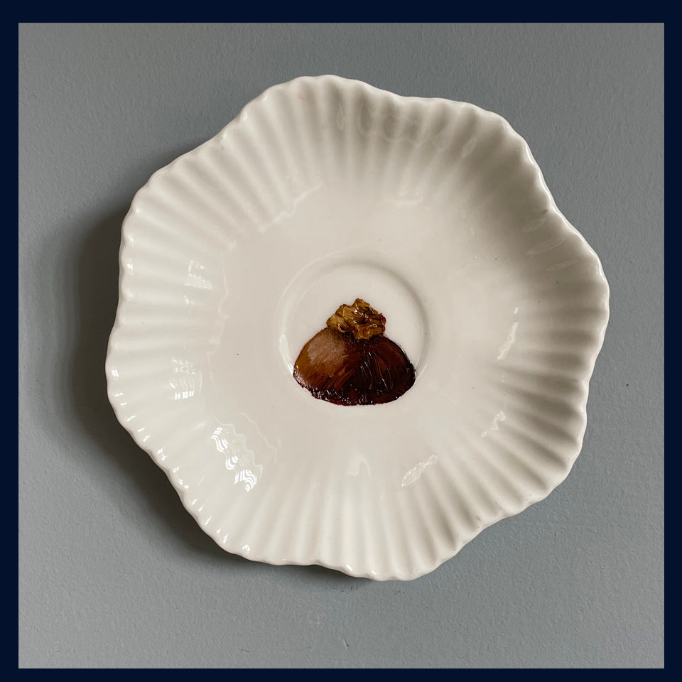 Walnut Praline Chocolate Original Oil Painting On Antique Saucer