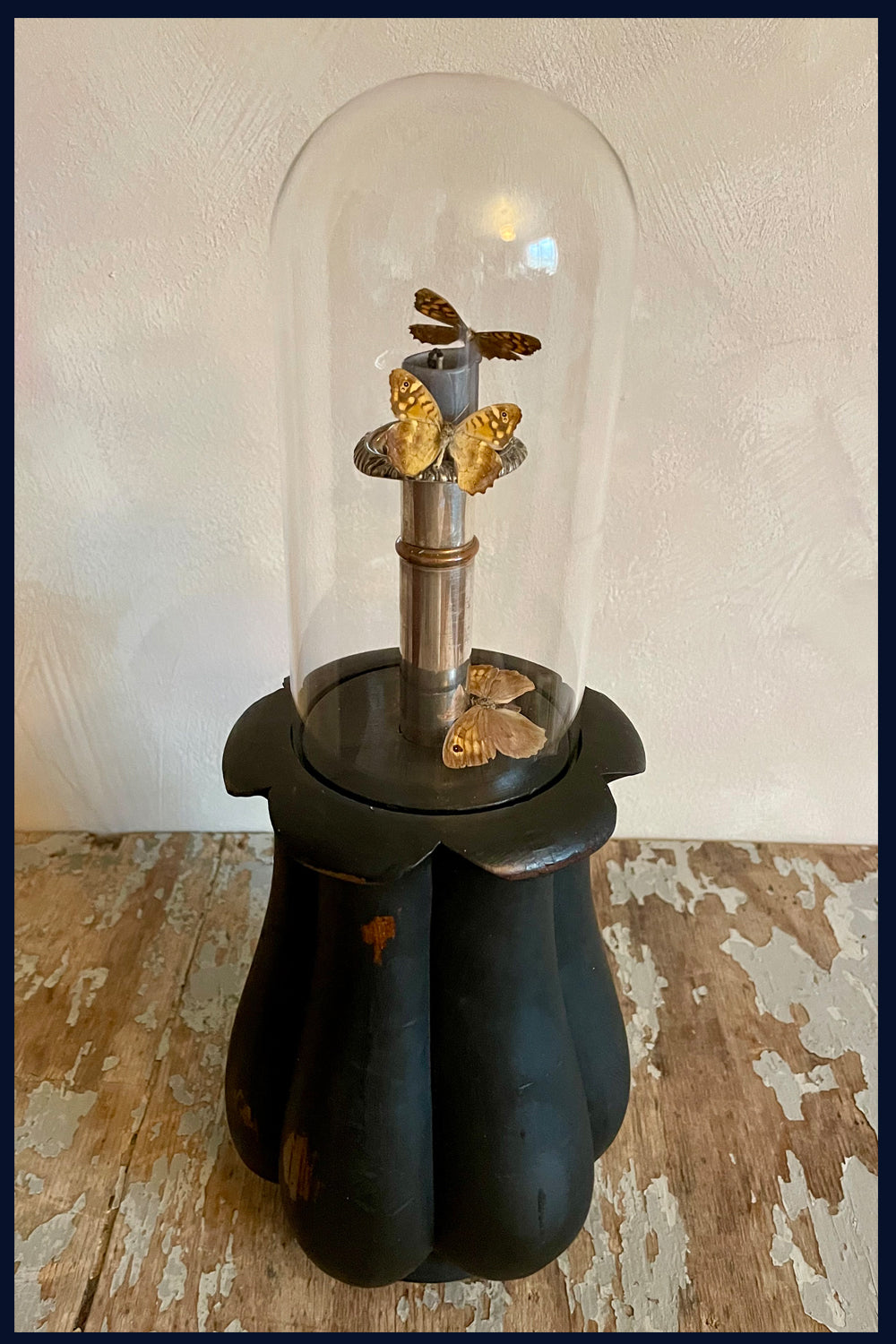 Enigma Variations Collection: Silver & Copper Antique Candlestick with a Vintage Butterfly in an Antique Display Dome