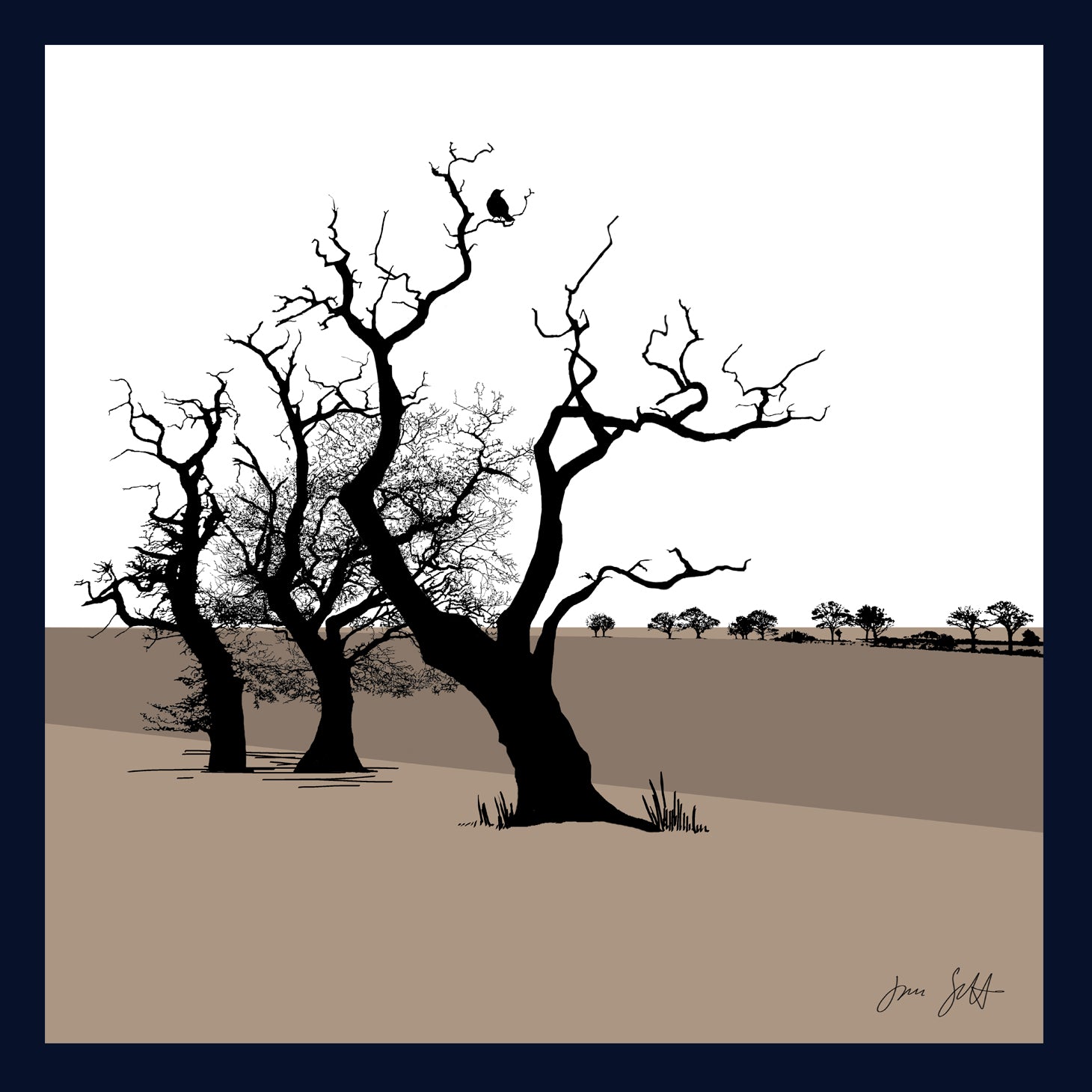 Framed Three Oaks, Saxthorpe, Norfolk. Arboretum Colour Block Fine Art Print - 9 colours available