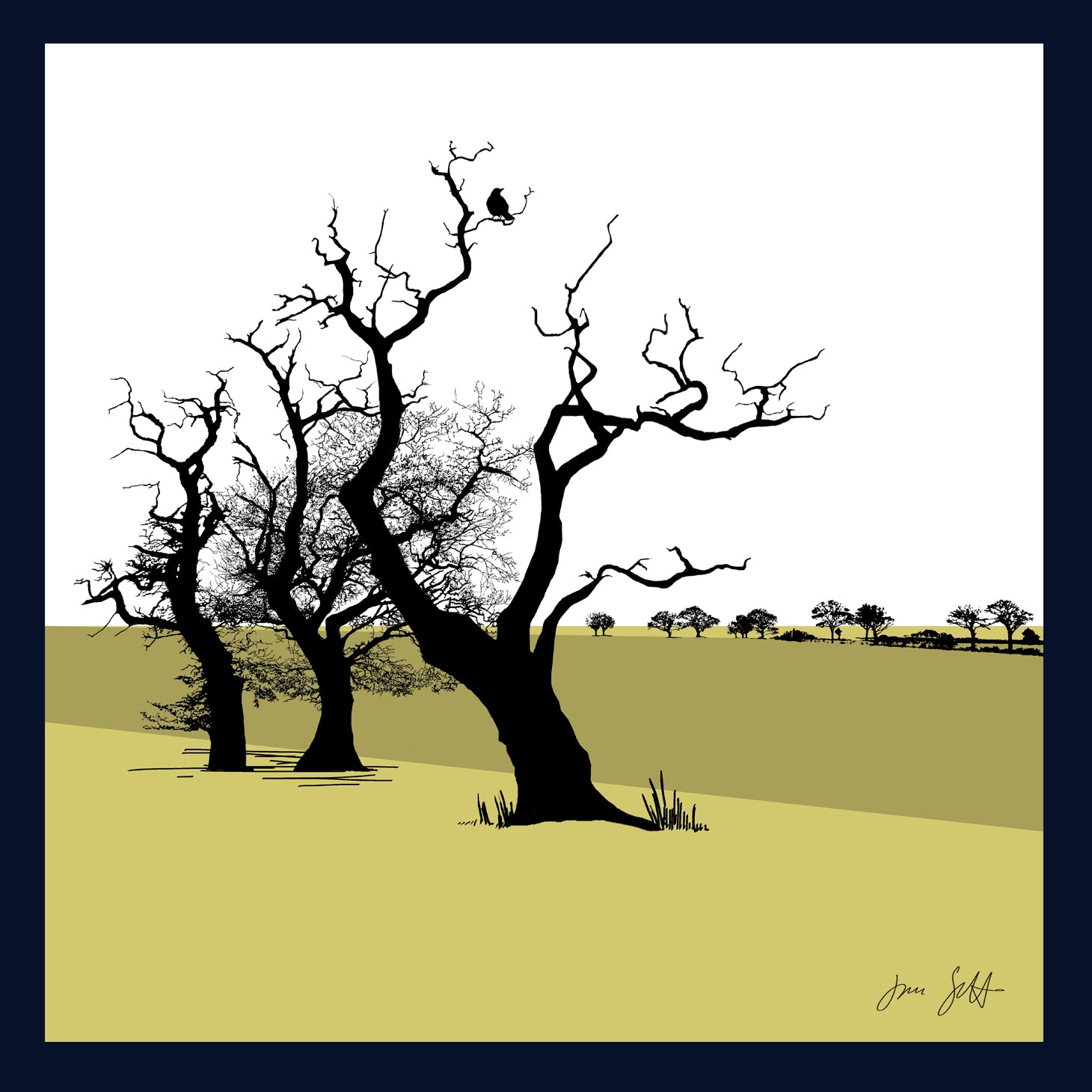 Framed Three Oaks, Saxthorpe, Norfolk. Arboretum Colour Block Fine Art Print - 9 colours available