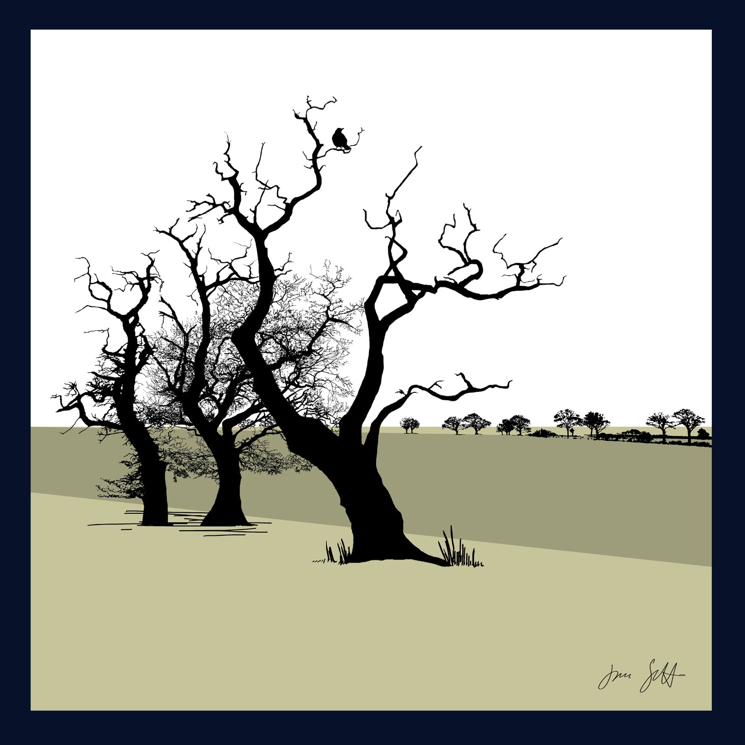 Framed Three Oaks, Saxthorpe, Norfolk. Arboretum Colour Block Fine Art Print - 9 colours available