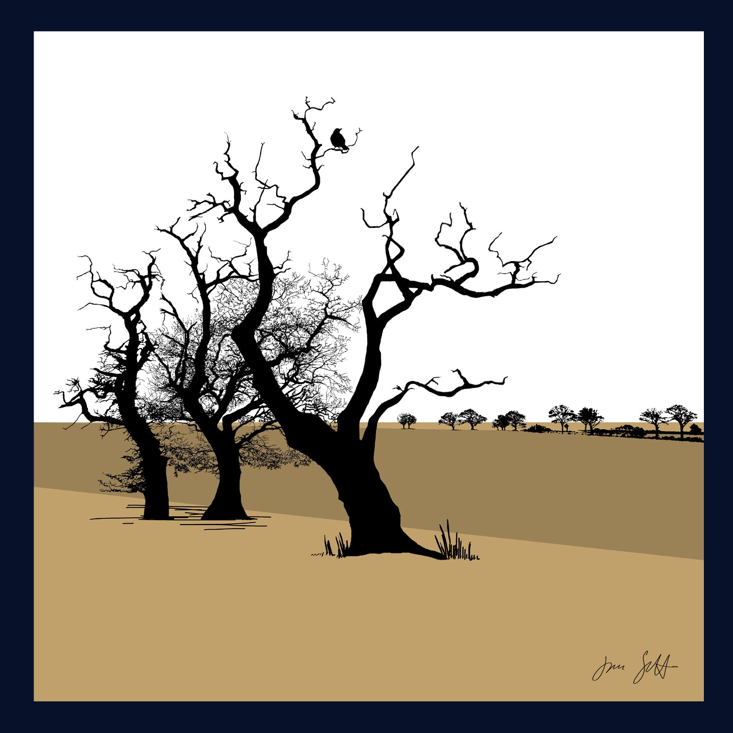 Framed Three Oaks, Saxthorpe, Norfolk. Arboretum Colour Block Fine Art Print - 9 colours available