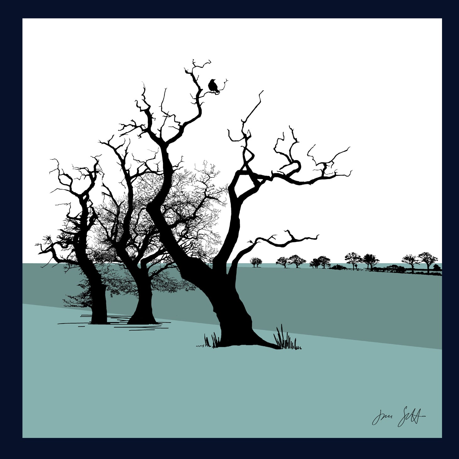 Framed Three Oaks, Saxthorpe, Norfolk. Arboretum Colour Block Fine Art Print - 9 colours available