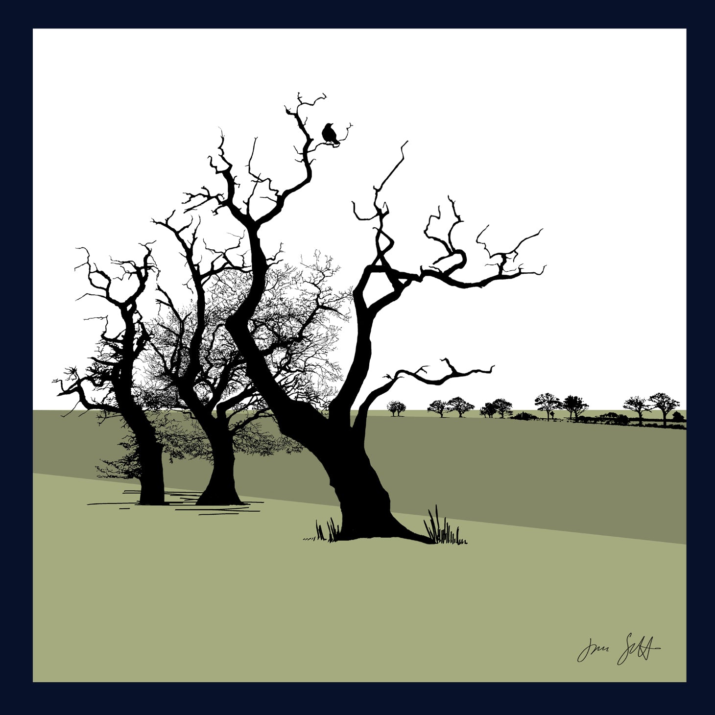 Framed Three Oaks, Saxthorpe, Norfolk. Arboretum Colour Block Fine Art Print - 9 colours available
