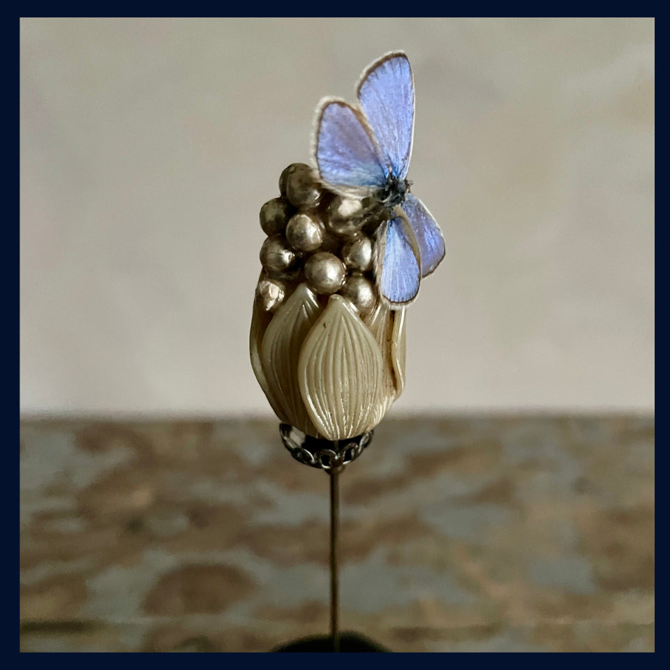 SOLD Enigma Variations Collection: 1920s Hat Pin with a Vintage Butterfly in a Display Dome
