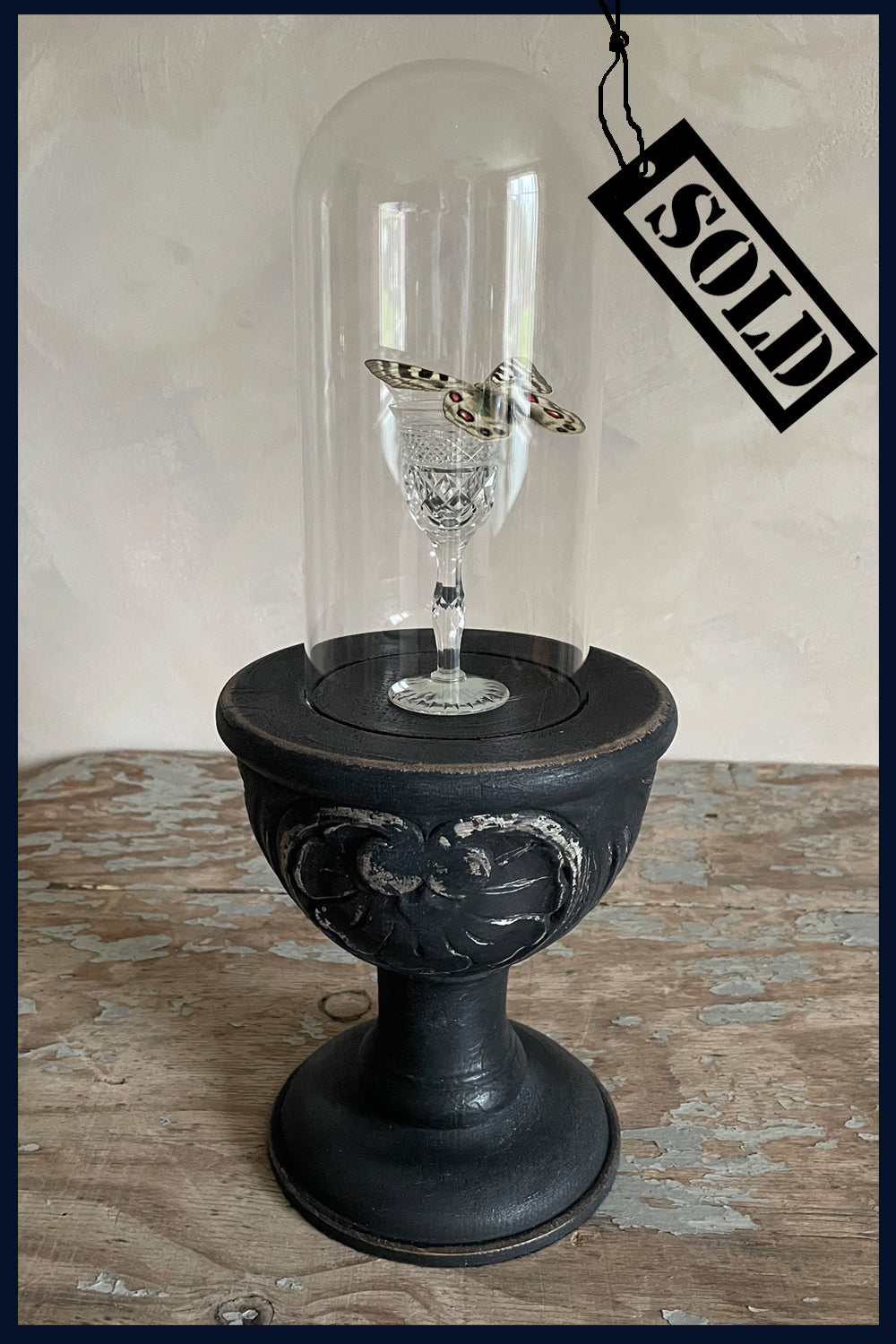 Enigma Variations Collection: An Antique Crystal Liqueur Glass with a Vintage Butterfly in a Display Dome